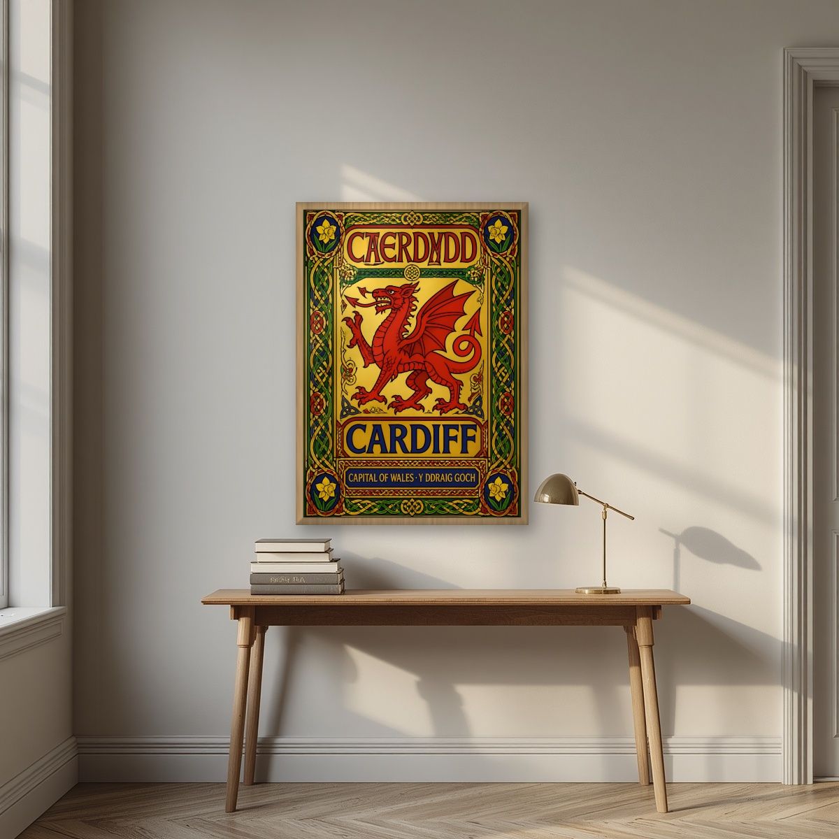 The Red Dragon — Cardiff art print, in an oak frame, styled in a desk
