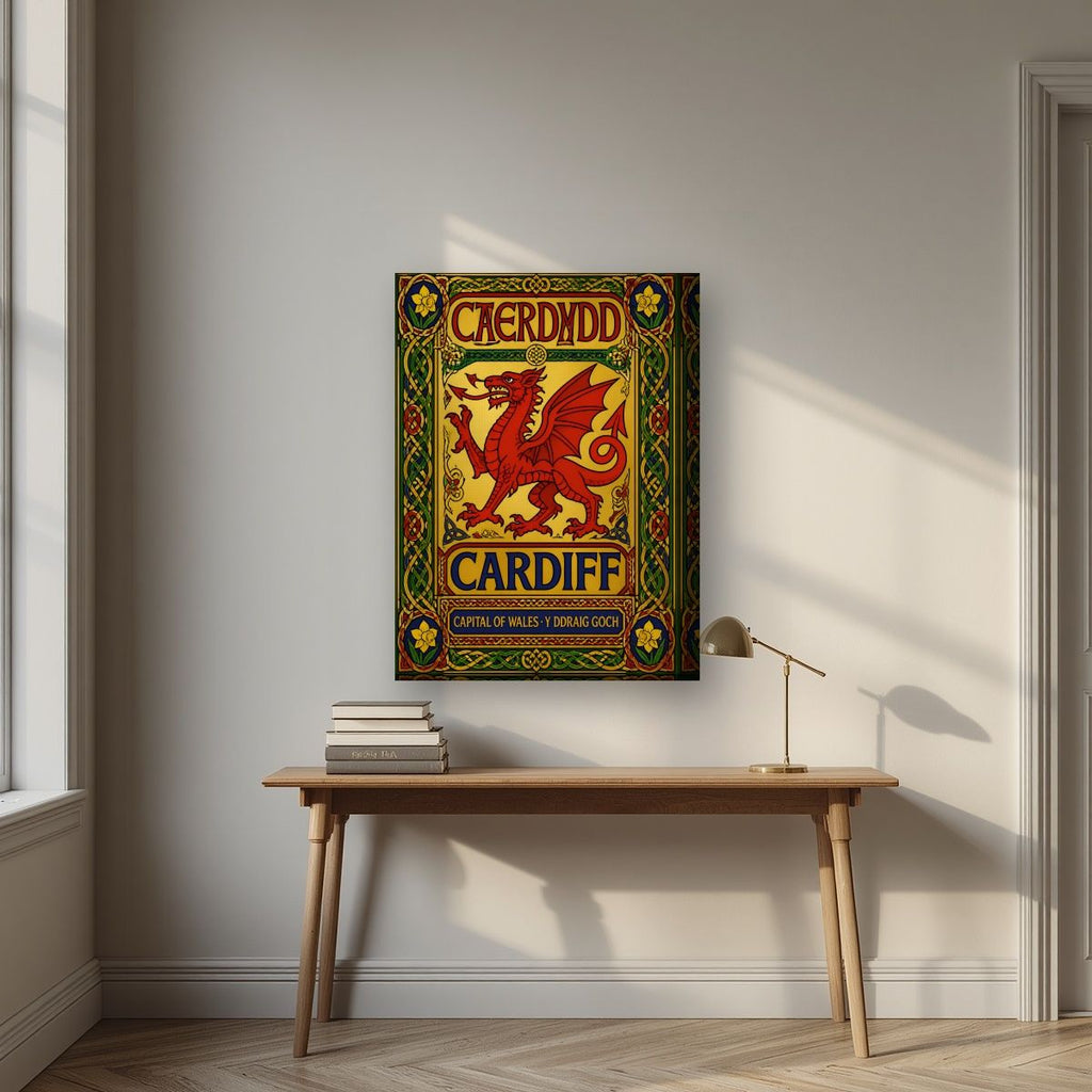 The Red Dragon — Cardiff art print, on thick canvas, styled in a desk