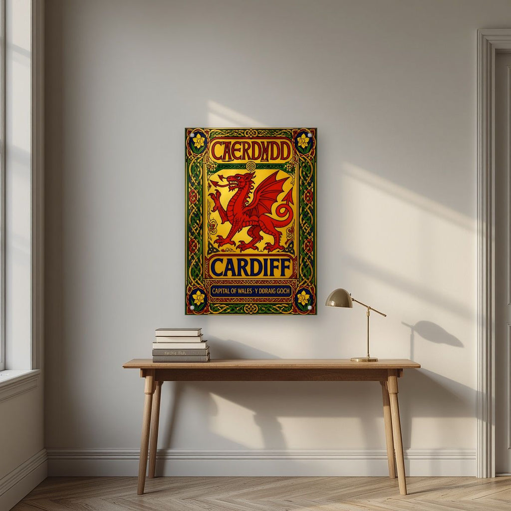 The Red Dragon — Cardiff art print, as an acrylic print, styled in a desk