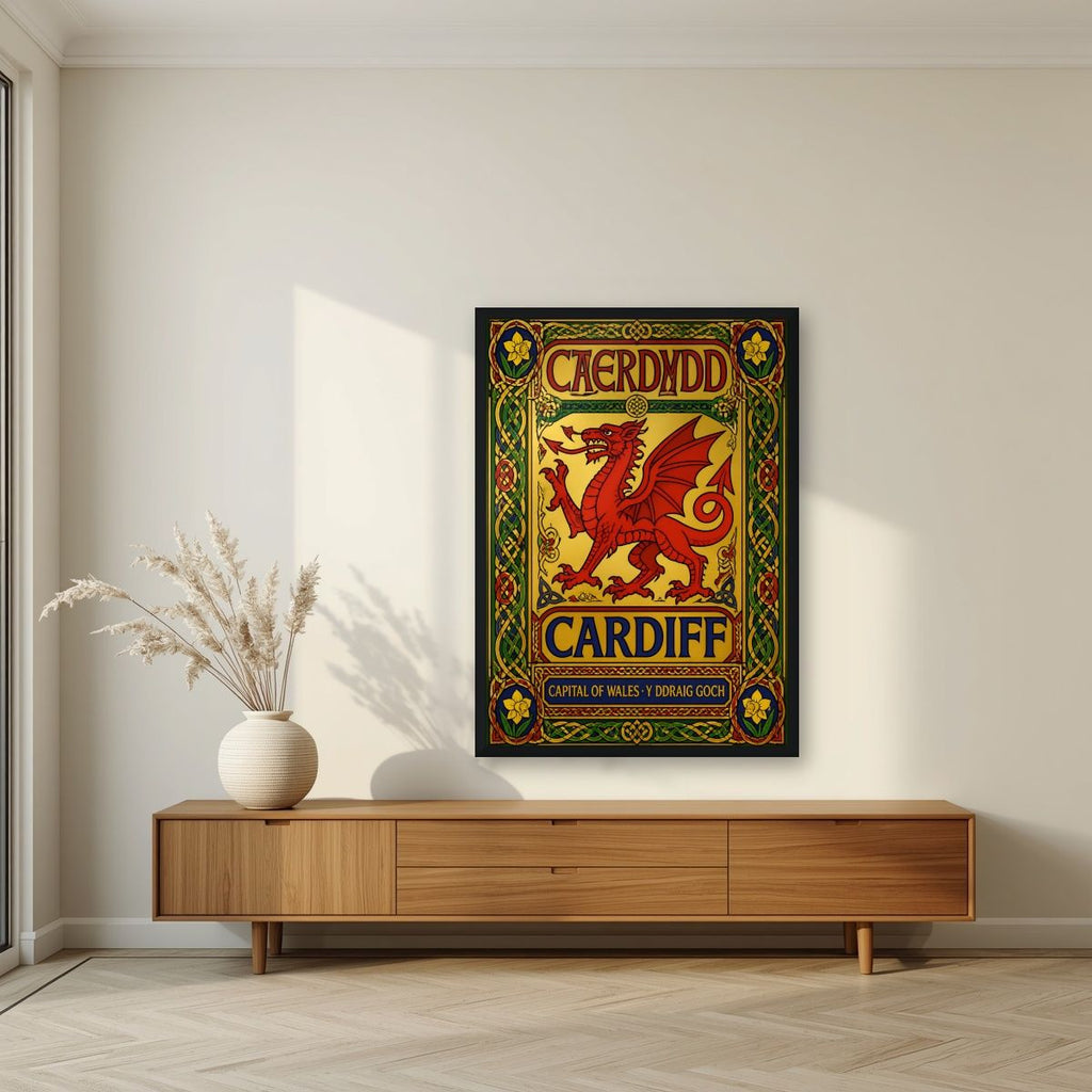 The Red Dragon — Cardiff art print, in a black frame, styled in a living room