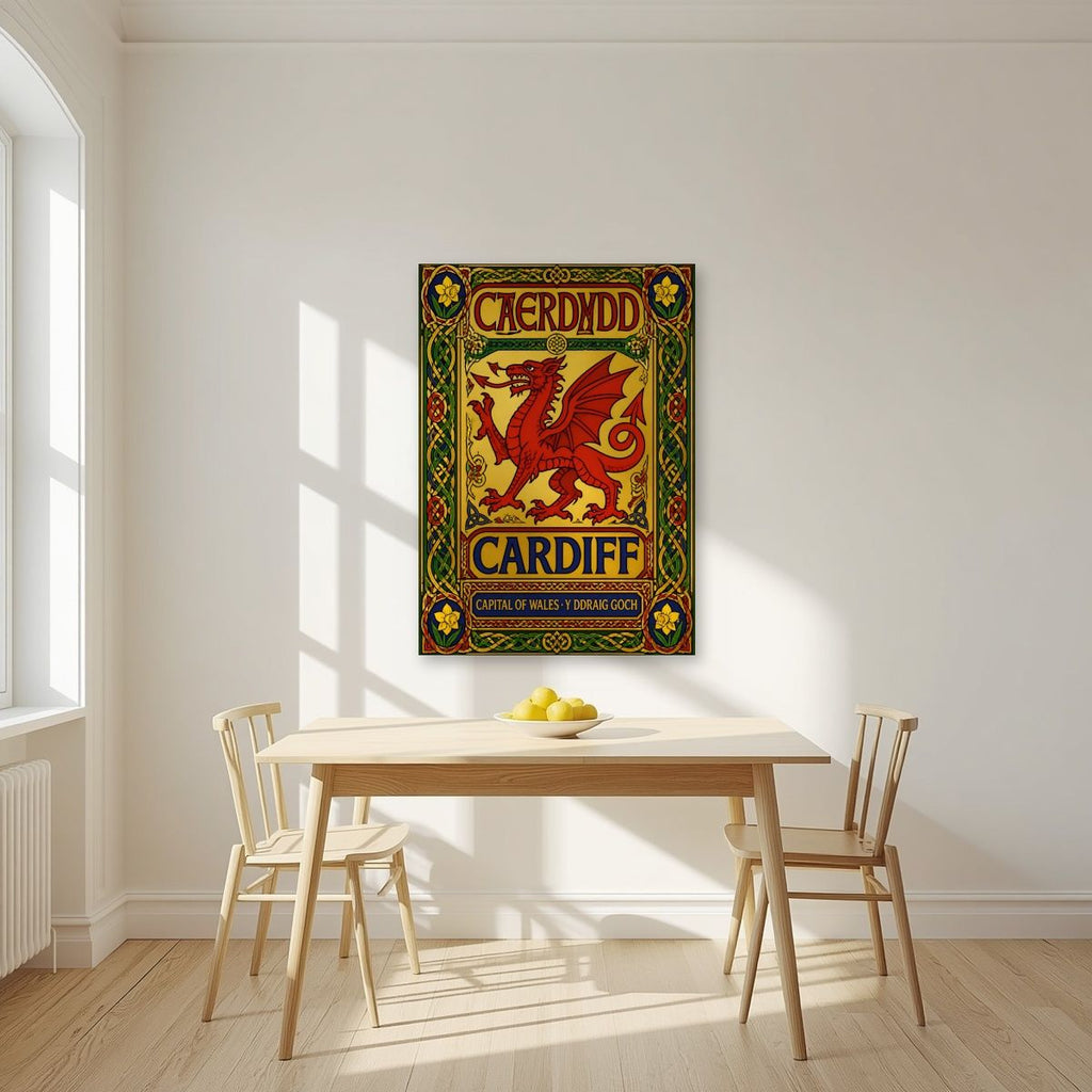 The Red Dragon — Cardiff art print, unframed poster, styled in a kitchen
