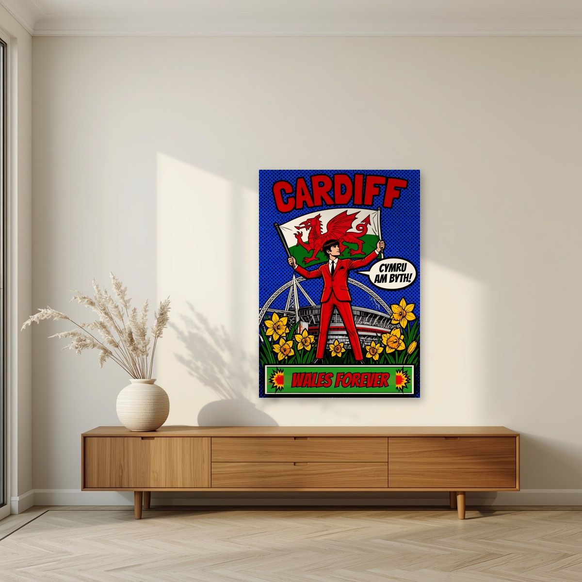 Wales Forever — Cardiff art print, unframed poster, styled in a living room