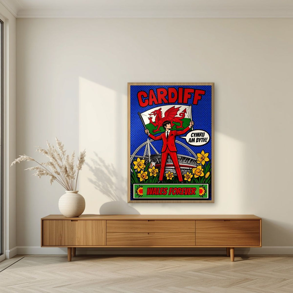 Wales Forever — Cardiff art print, in an oak frame, styled in a living room