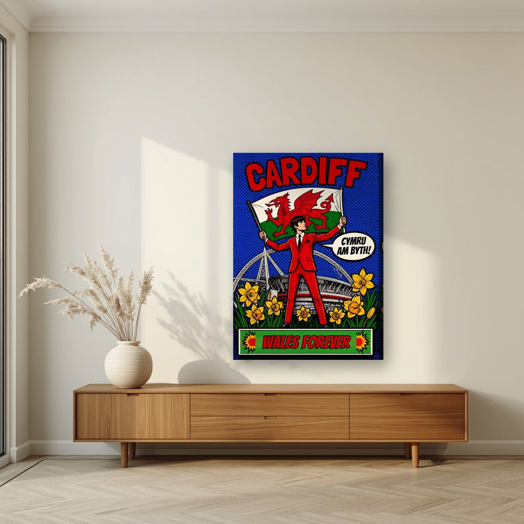 Wales Forever — Cardiff art print, on slim canvas, styled in a living room