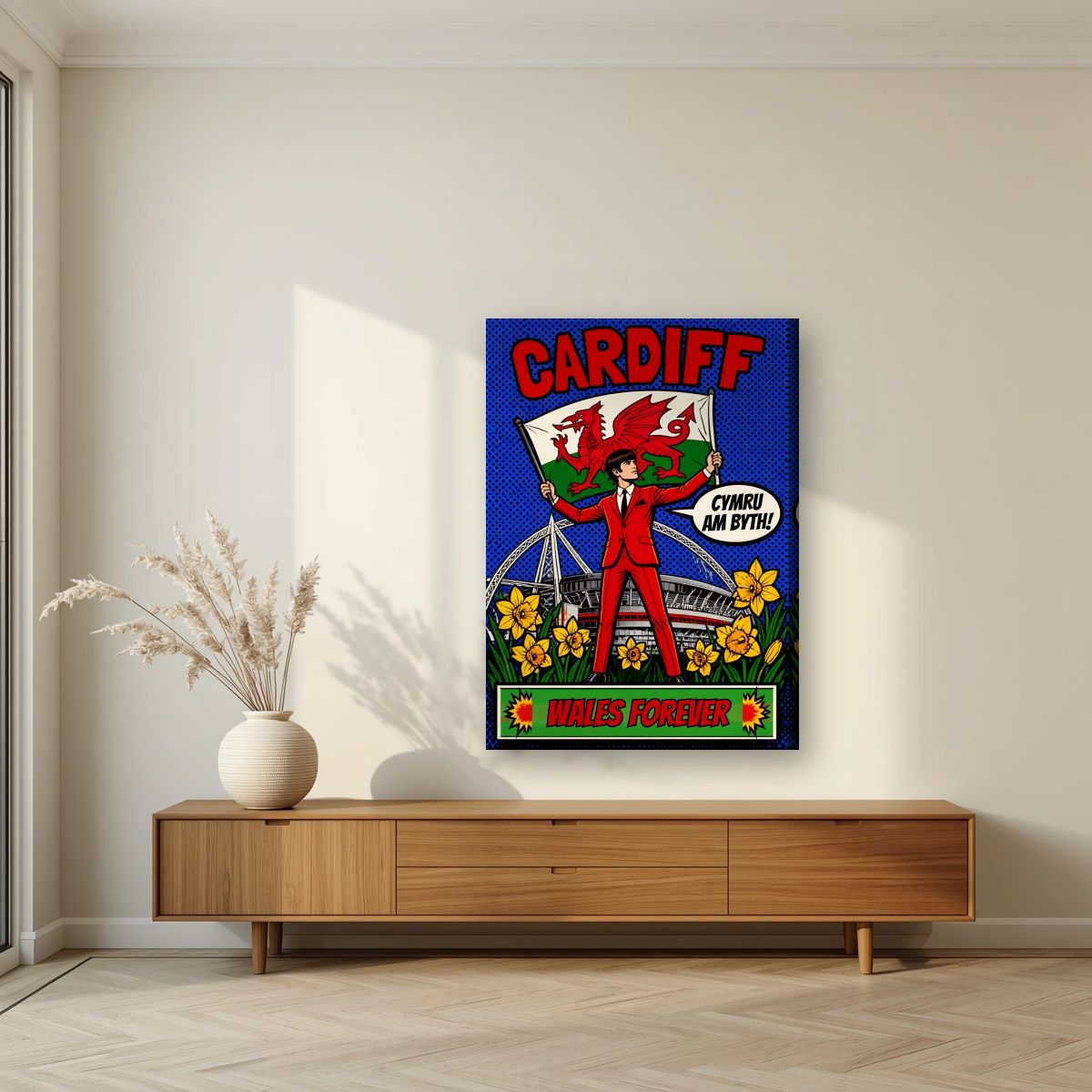 Wales Forever — Cardiff art print, on slim canvas, styled in a living room