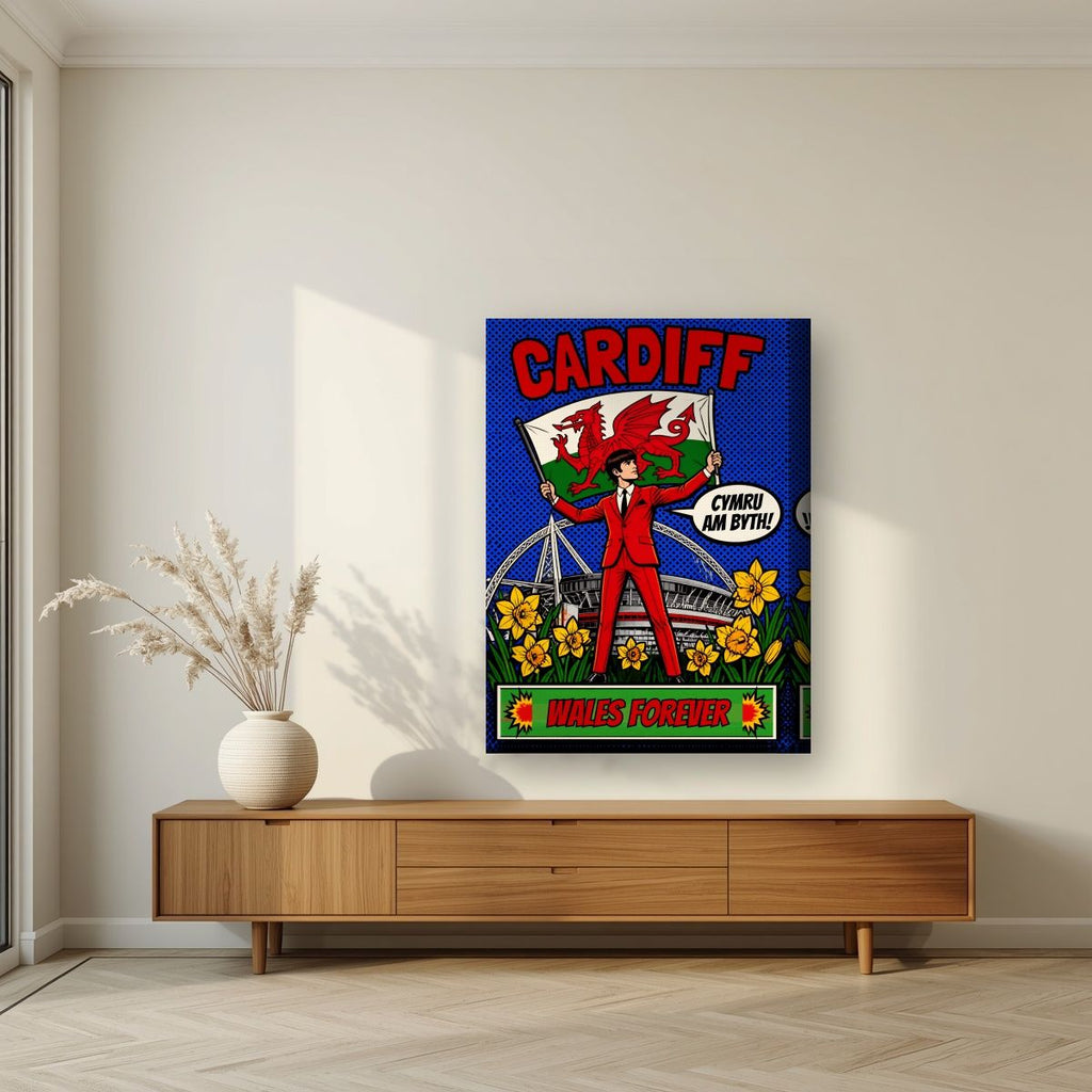 Wales Forever — Cardiff art print, on thick canvas, styled in a living room