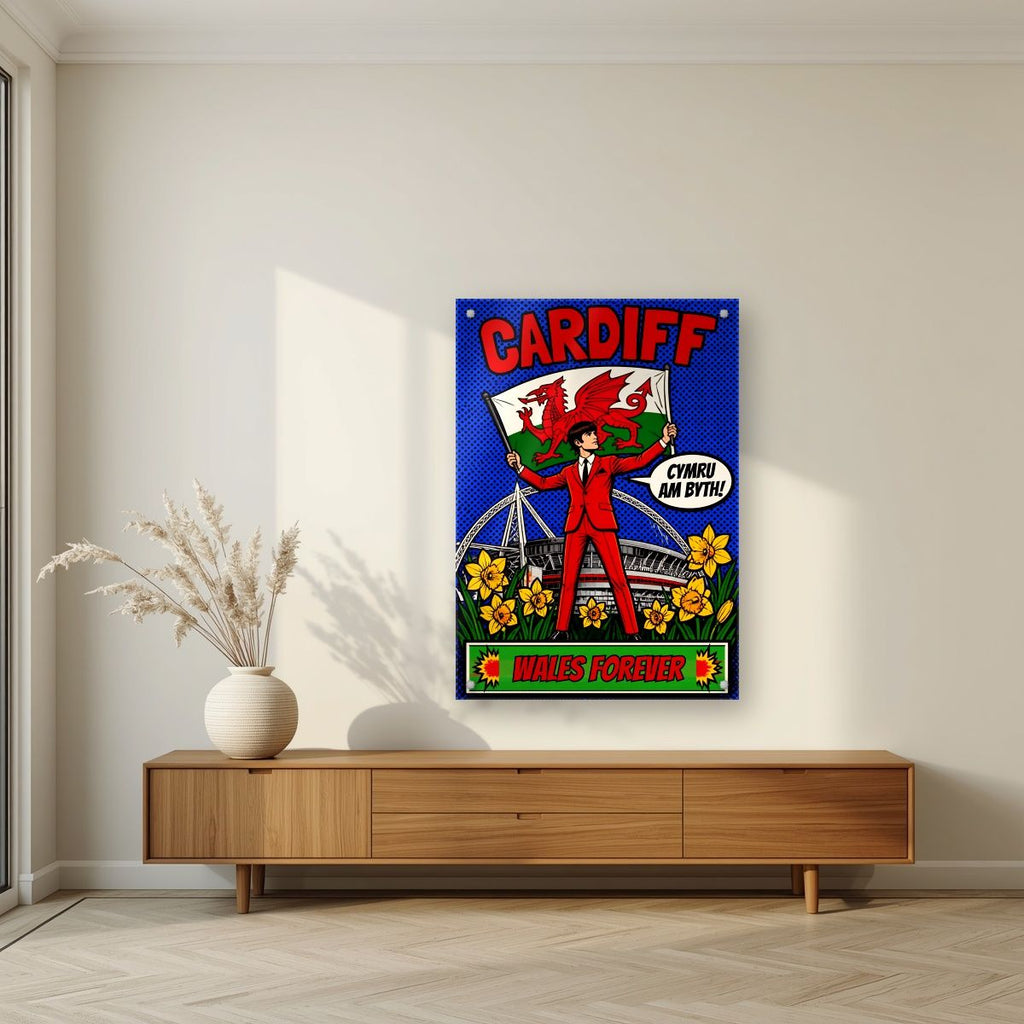 Wales Forever — Cardiff art print, as an acrylic print, styled in a living room