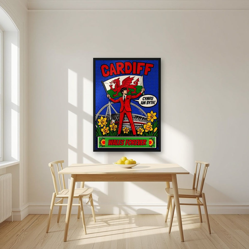 Wales Forever — Cardiff art print, in a black frame, styled in a kitchen