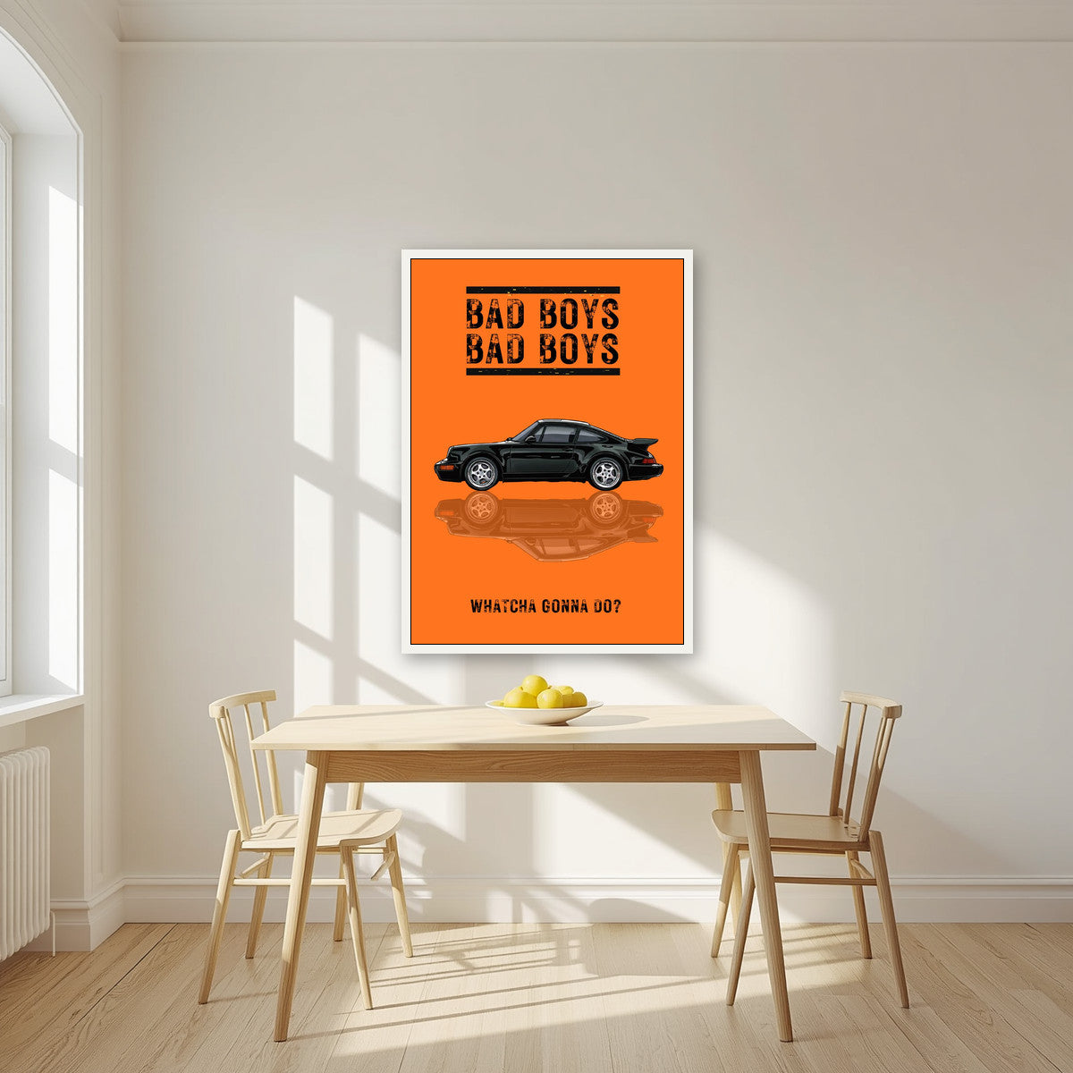 Bad Boys – Blaze Orange art print, in a white frame, styled in a kitchen