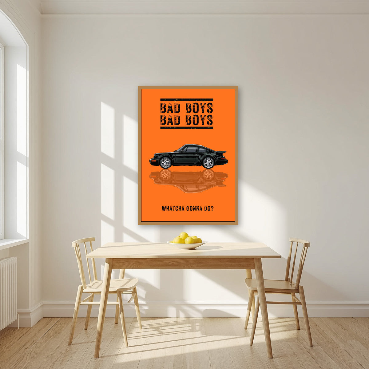 Bad Boys – Blaze Orange art print, in an oak frame, styled in a kitchen
