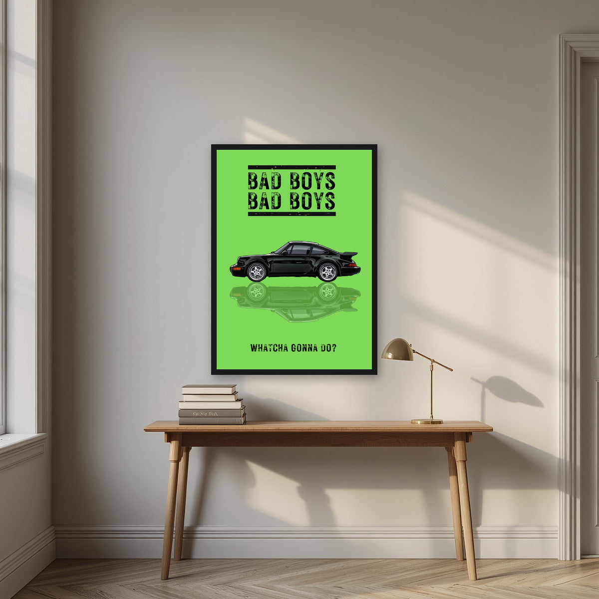 Bad Boys – Lime Green art print, in a black frame, styled in a desk