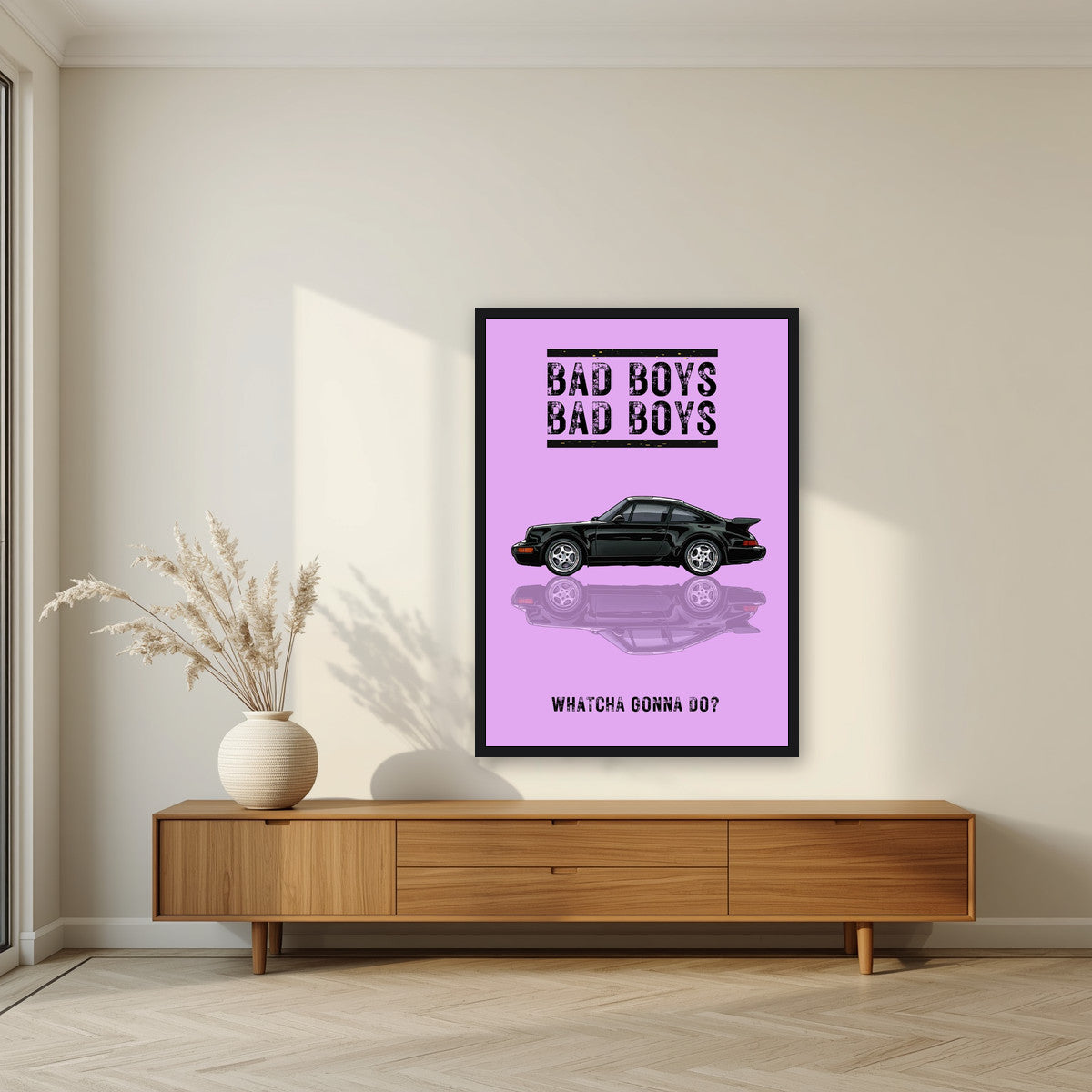 Bad Boys – Orchid Lilac art print, in a black frame, styled in a living room