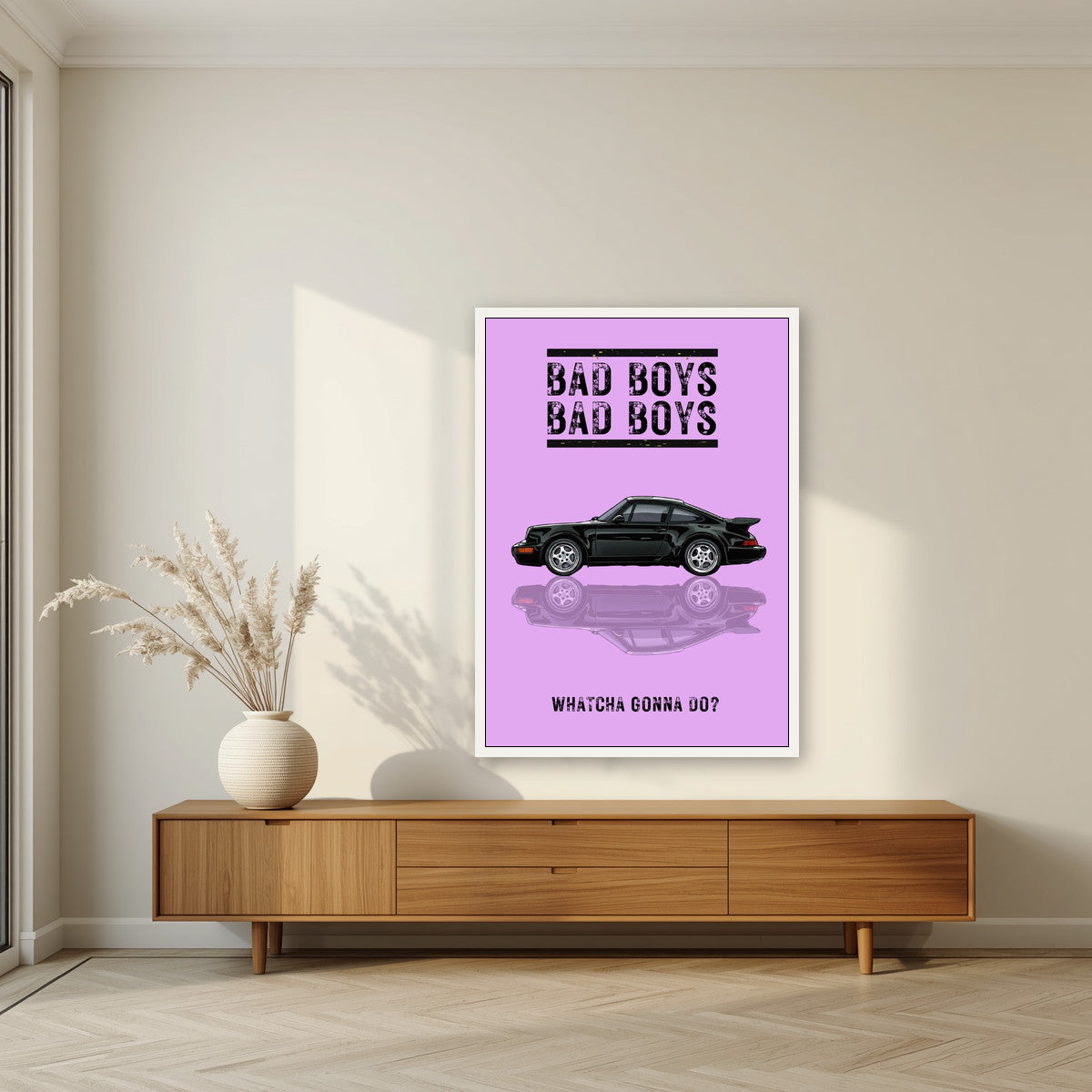 Bad Boys – Orchid Lilac art print, in a white frame, styled in a living room