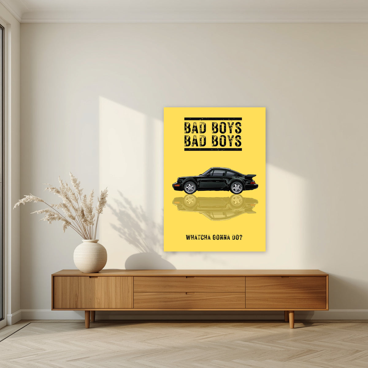 Bad Boys – Siren Yellow art print, unframed poster, styled in a living room