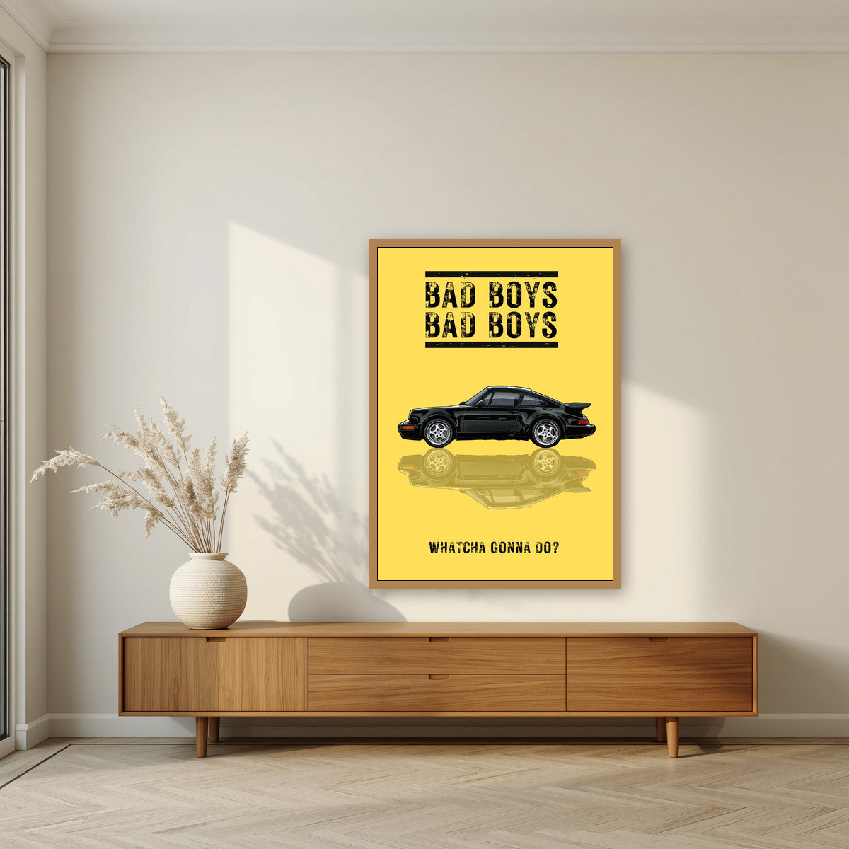 Bad Boys – Siren Yellow art print, in an oak frame, styled in a living room