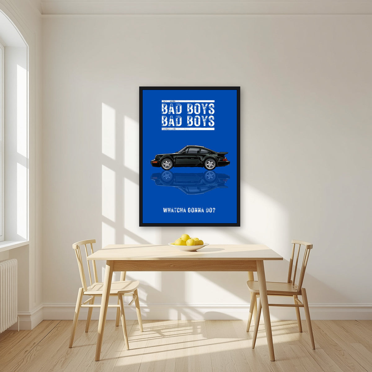 Bad Boys – Squad Blue art print, in a black frame, styled in a kitchen