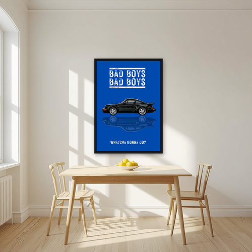 Bad Boys – Squad Blue art print, in a black frame, styled in a kitchen