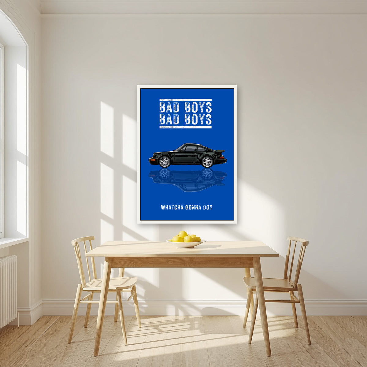 Bad Boys – Squad Blue art print, in a white frame, styled in a kitchen