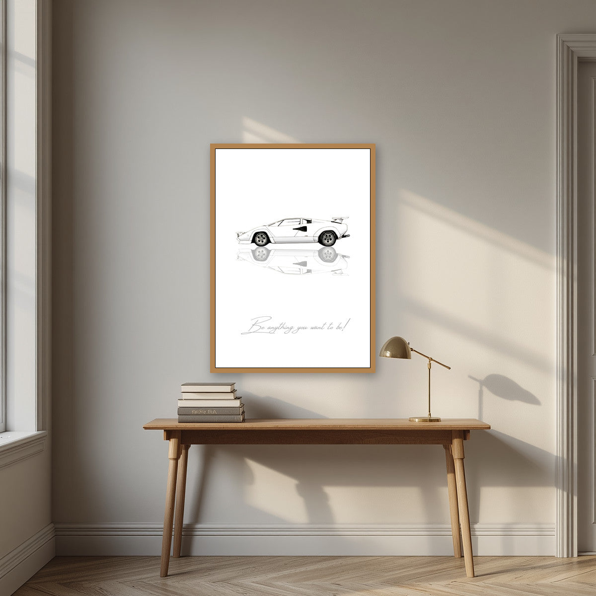 Be Anything You Want To Be – Bianco art print, in an oak frame, styled in a desk