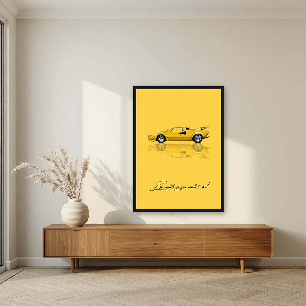 Be Anything You Want To Be – Giallo art print, in a black frame, styled in a living room