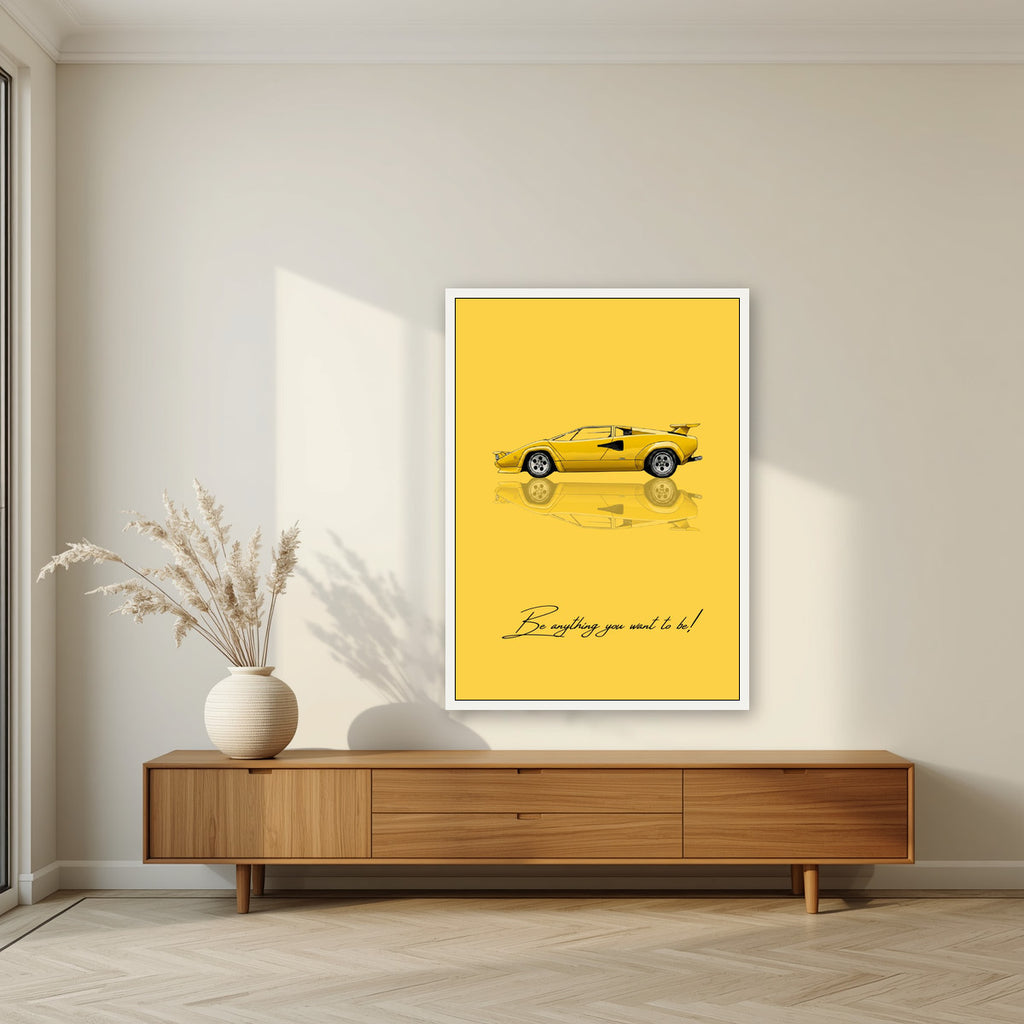 Be Anything You Want To Be – Giallo art print, in a white frame, styled in a living room