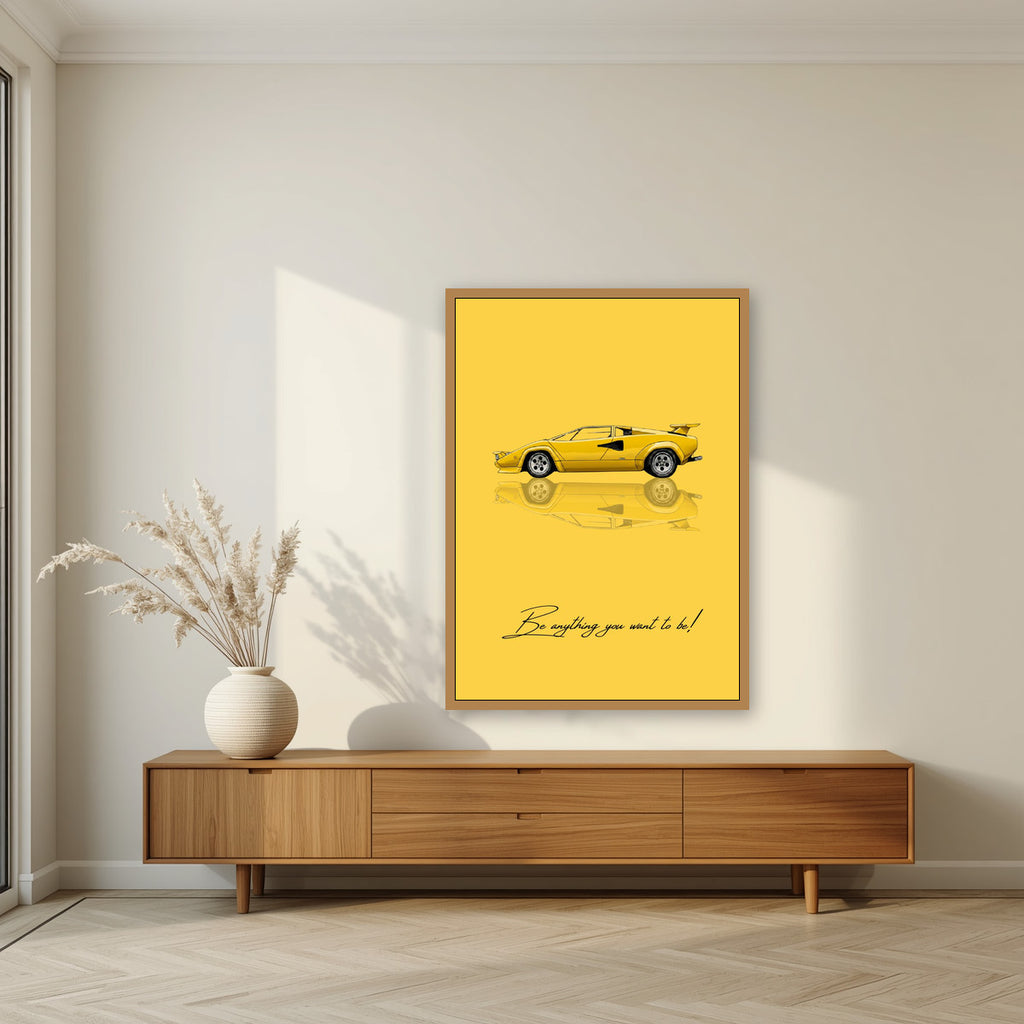 Be Anything You Want To Be – Giallo art print, in an oak frame, styled in a living room