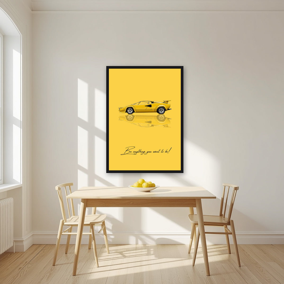 Be Anything You Want To Be – Giallo art print, in a black frame, styled in a kitchen