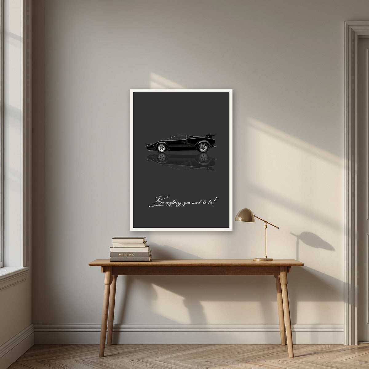 Be Anything You Want To Be – Nero art print, in a white frame, styled in a desk