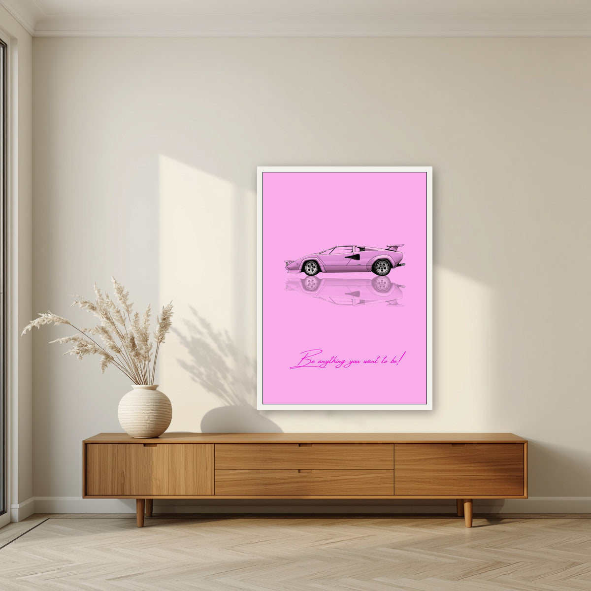Be Anything You Want To Be – Rosa art print, in a white frame, styled in a living room