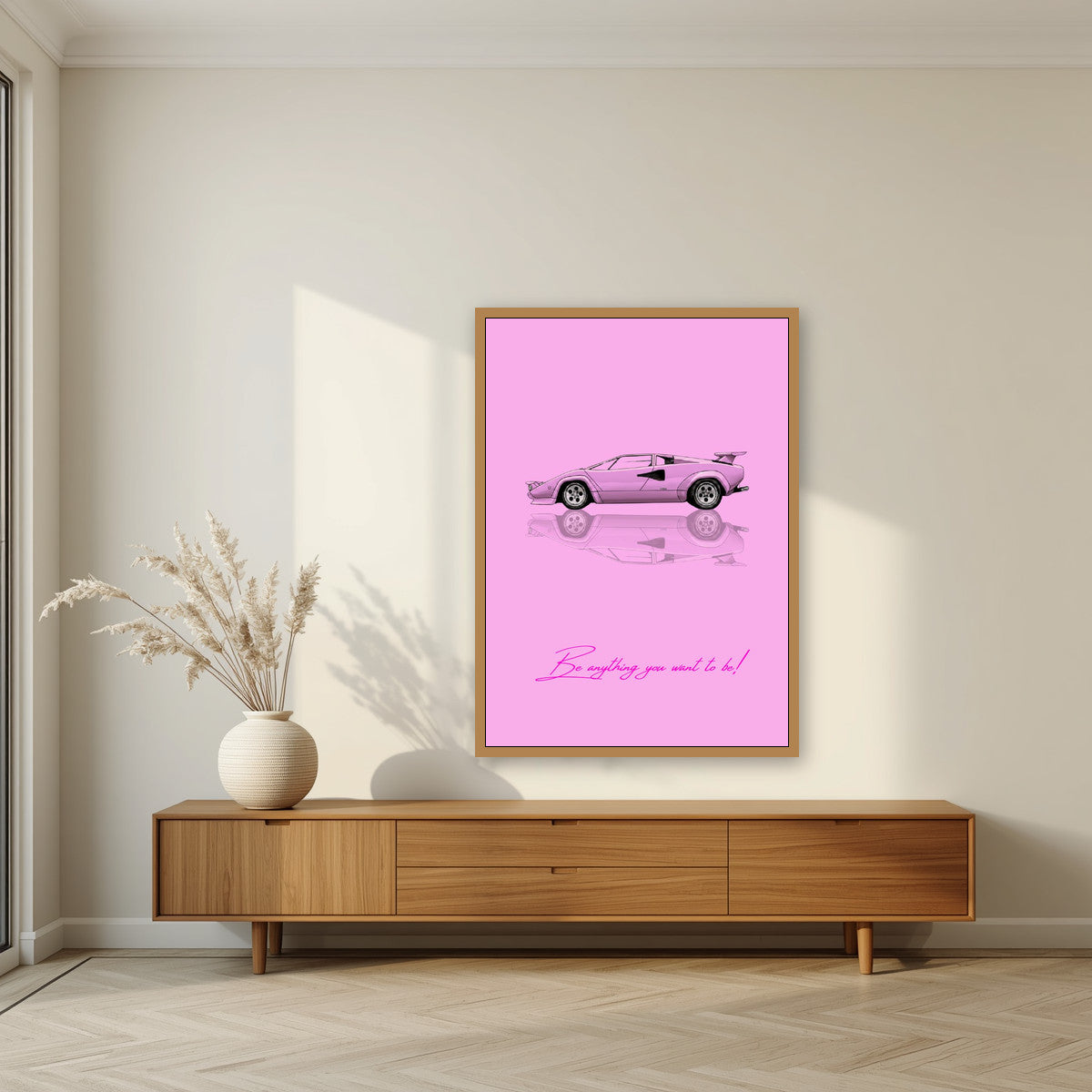 Be Anything You Want To Be – Rosa art print, in an oak frame, styled in a living room