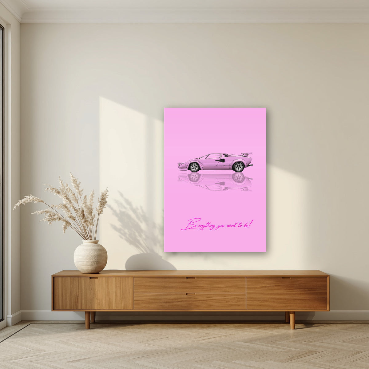 Be Anything You Want To Be – Rosa art print, as an acrylic print, styled in a living room