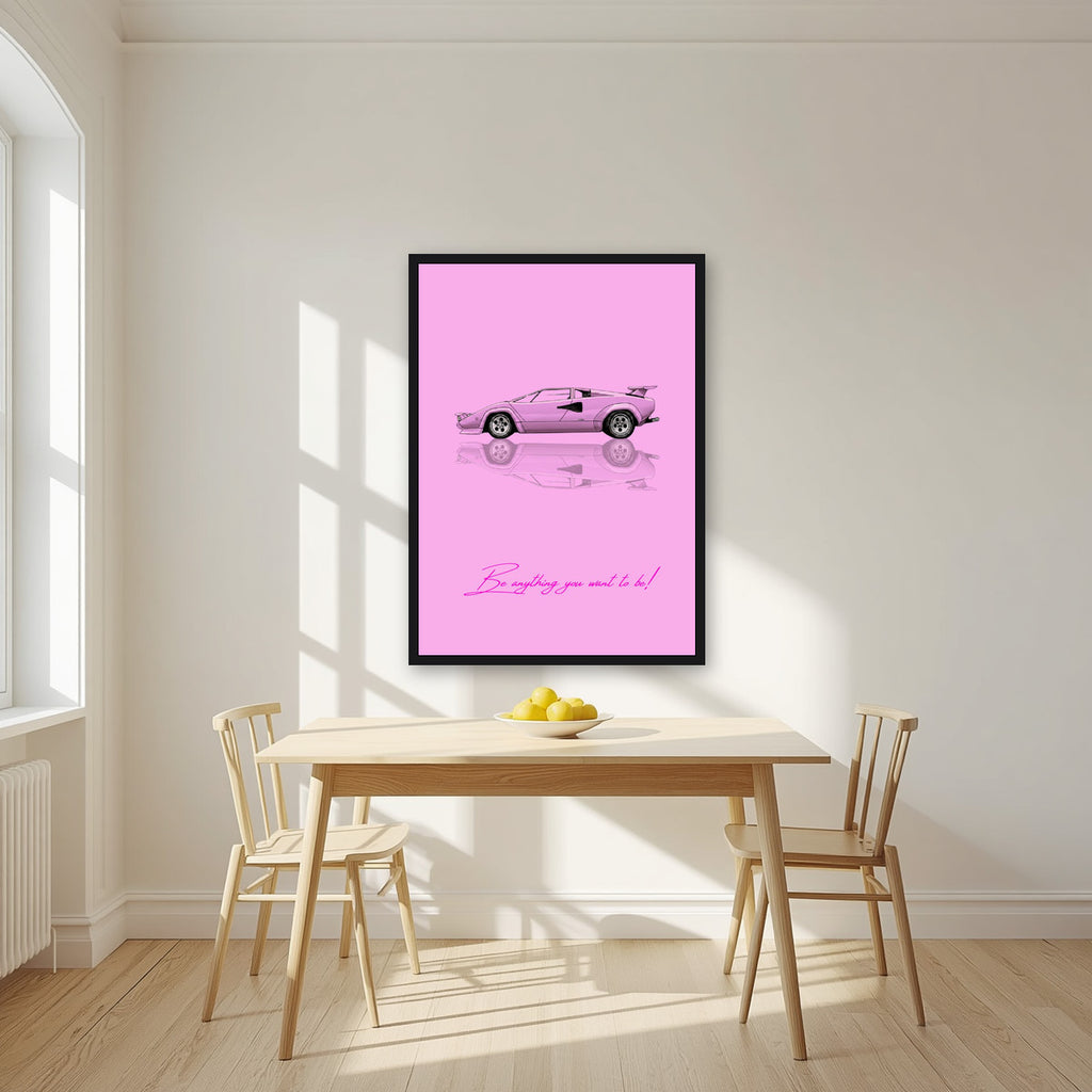 Be Anything You Want To Be – Rosa art print, in a black frame, styled in a kitchen