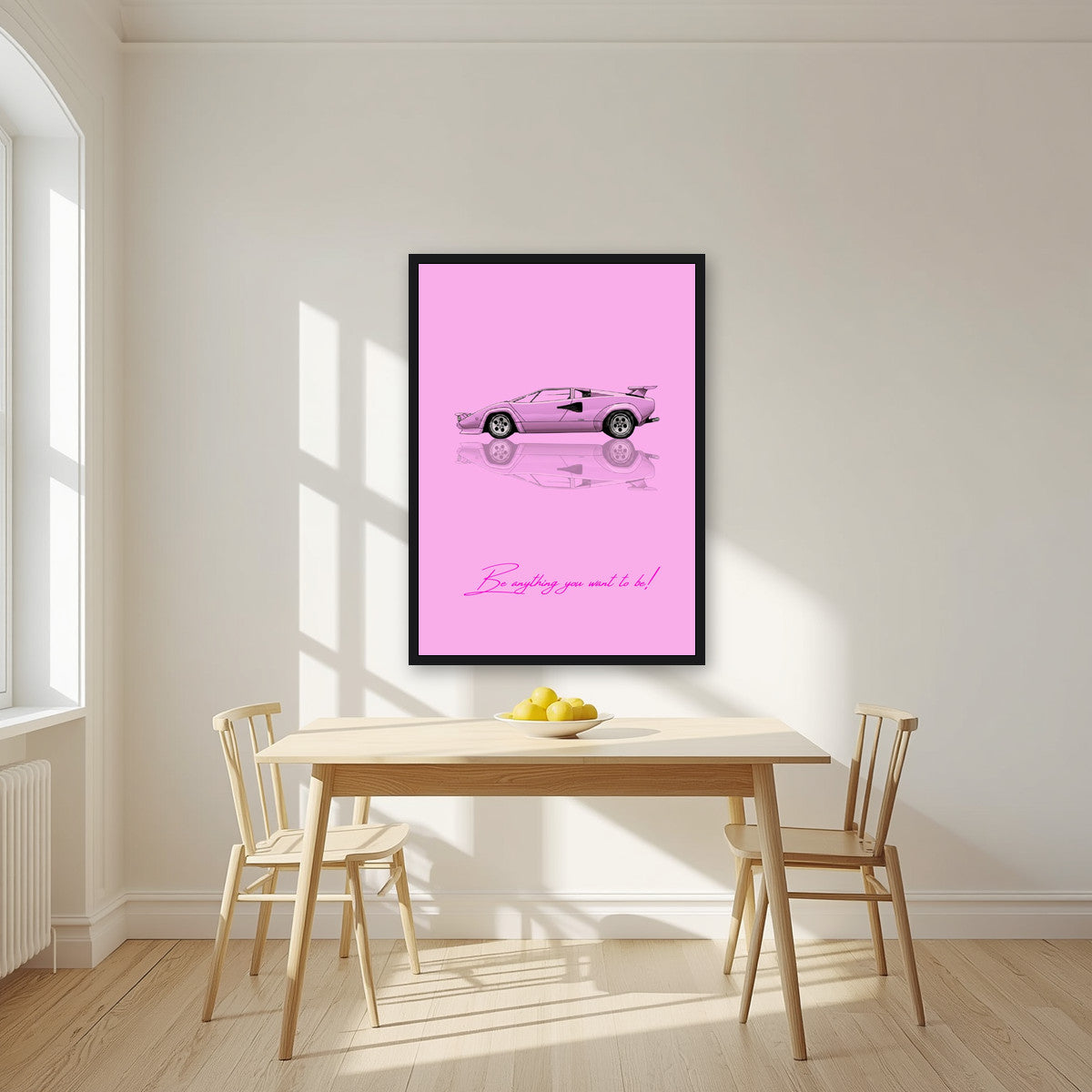 Be Anything You Want To Be – Rosa art print, in a black frame, styled in a kitchen