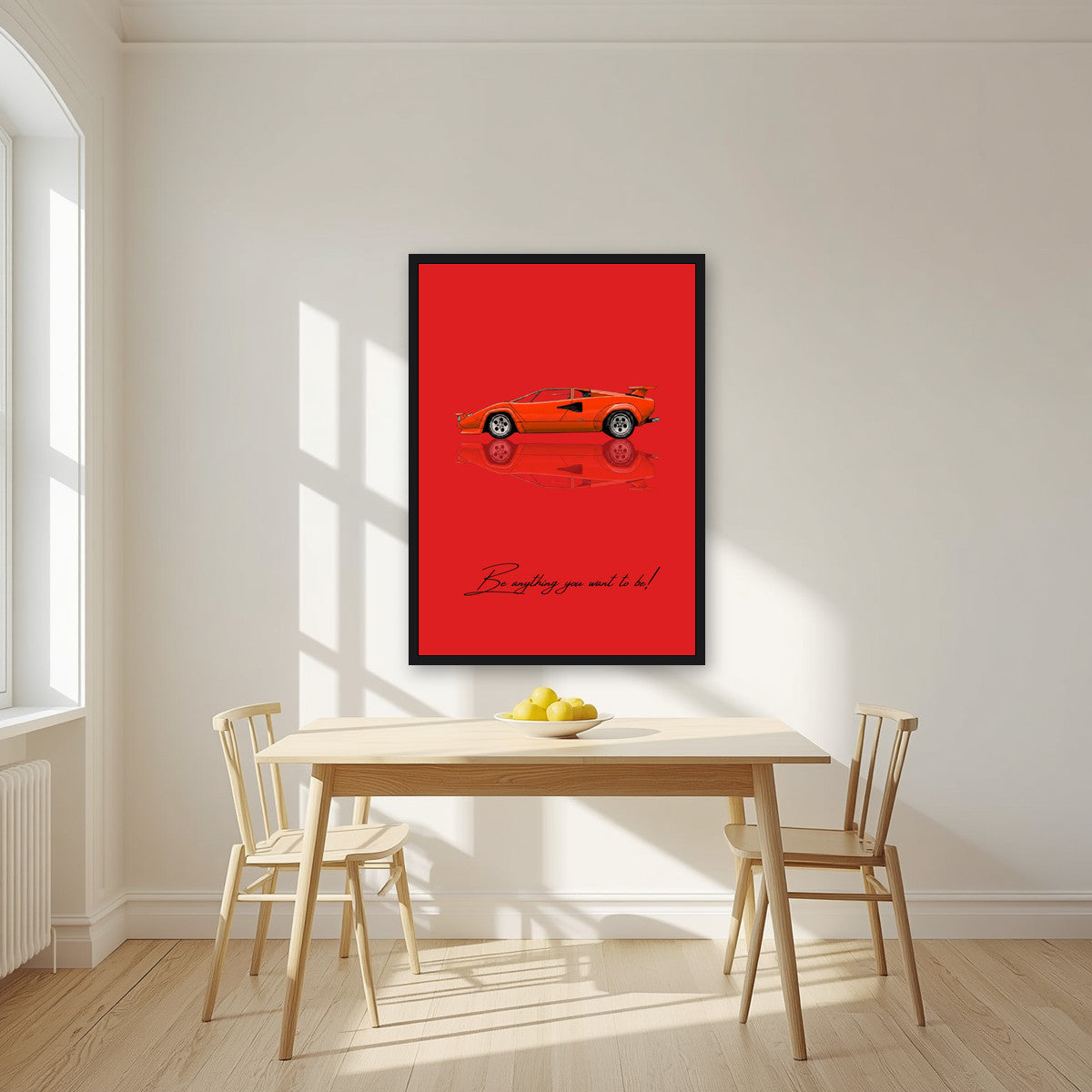 Be Anything You Want To Be – Rosso art print, in a black frame, styled in a kitchen