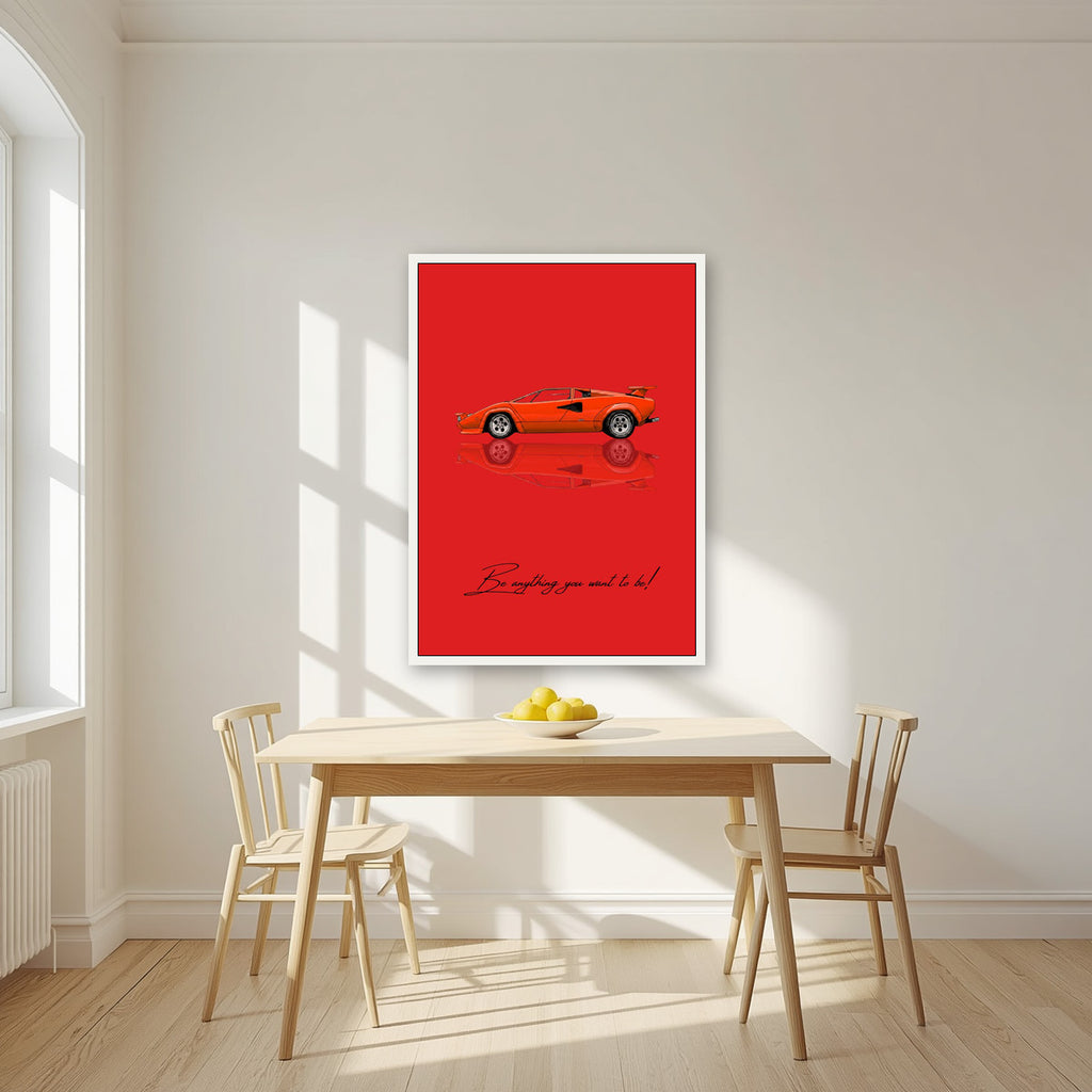 Be Anything You Want To Be – Rosso art print, in a white frame, styled in a kitchen