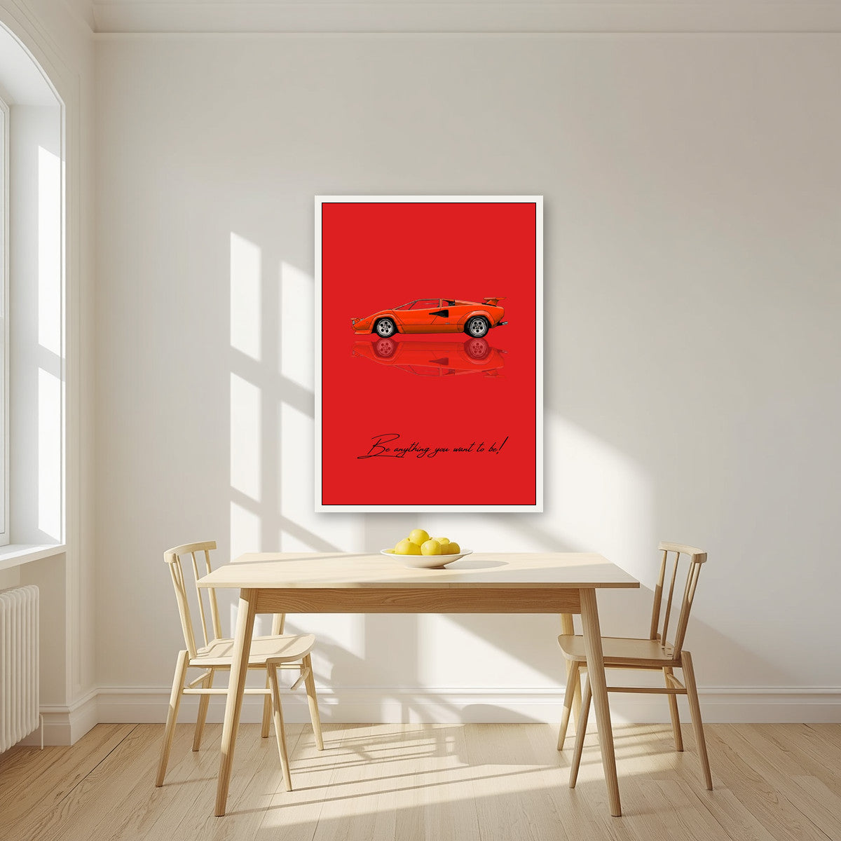 Be Anything You Want To Be – Rosso art print, in a white frame, styled in a kitchen
