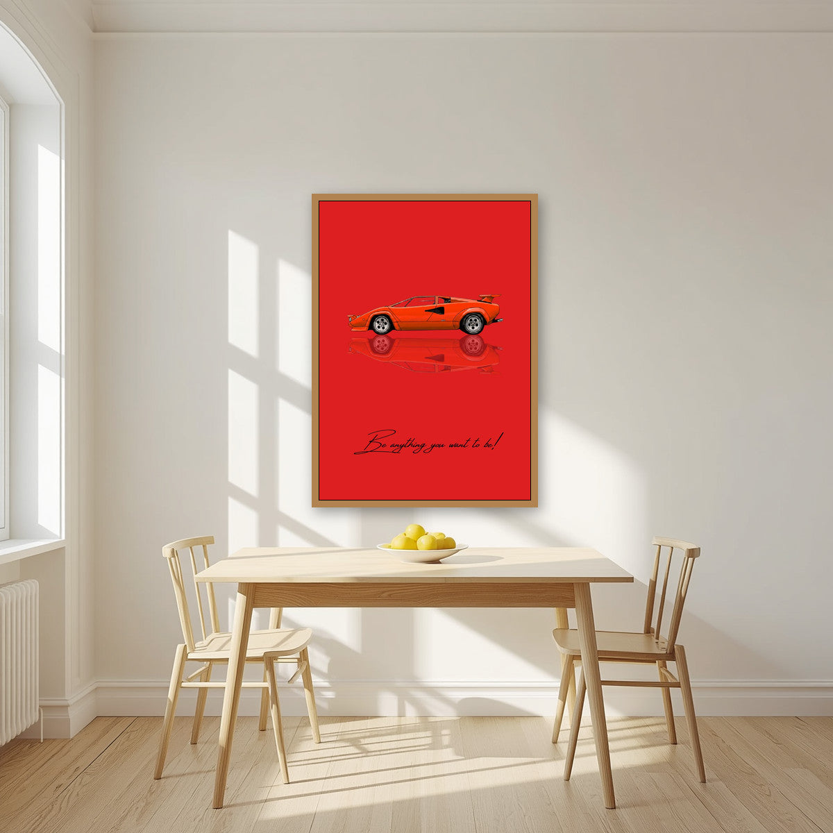 Be Anything You Want To Be – Rosso art print, in an oak frame, styled in a kitchen