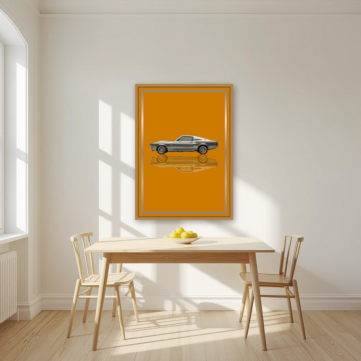 Eleanor – Amber Gold art print, in an oak frame, styled in a kitchen