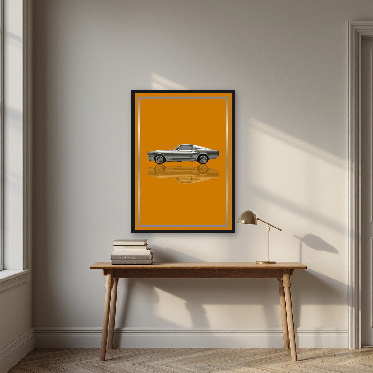 Eleanor – Amber Gold art print, in a black frame, styled in a desk