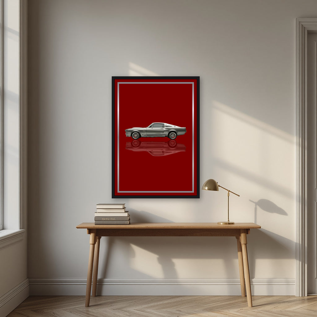 Eleanor – Deep Crimson art print, in a black frame, styled in a desk