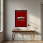Eleanor – Deep Crimson art print, in a black frame, styled in a desk