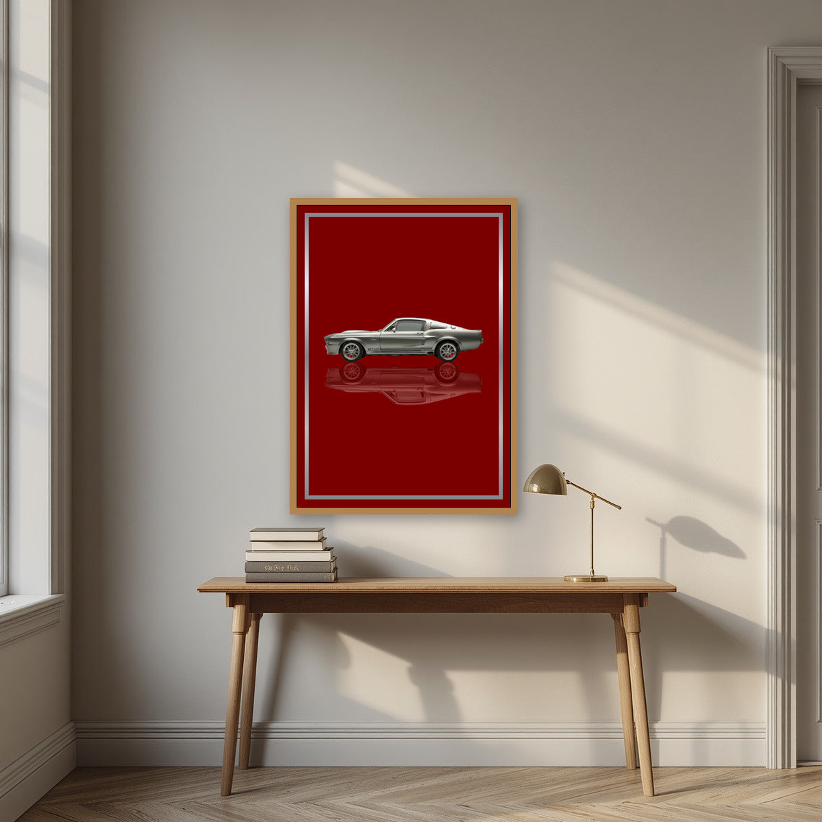 Eleanor – Deep Crimson art print, in an oak frame, styled in a desk