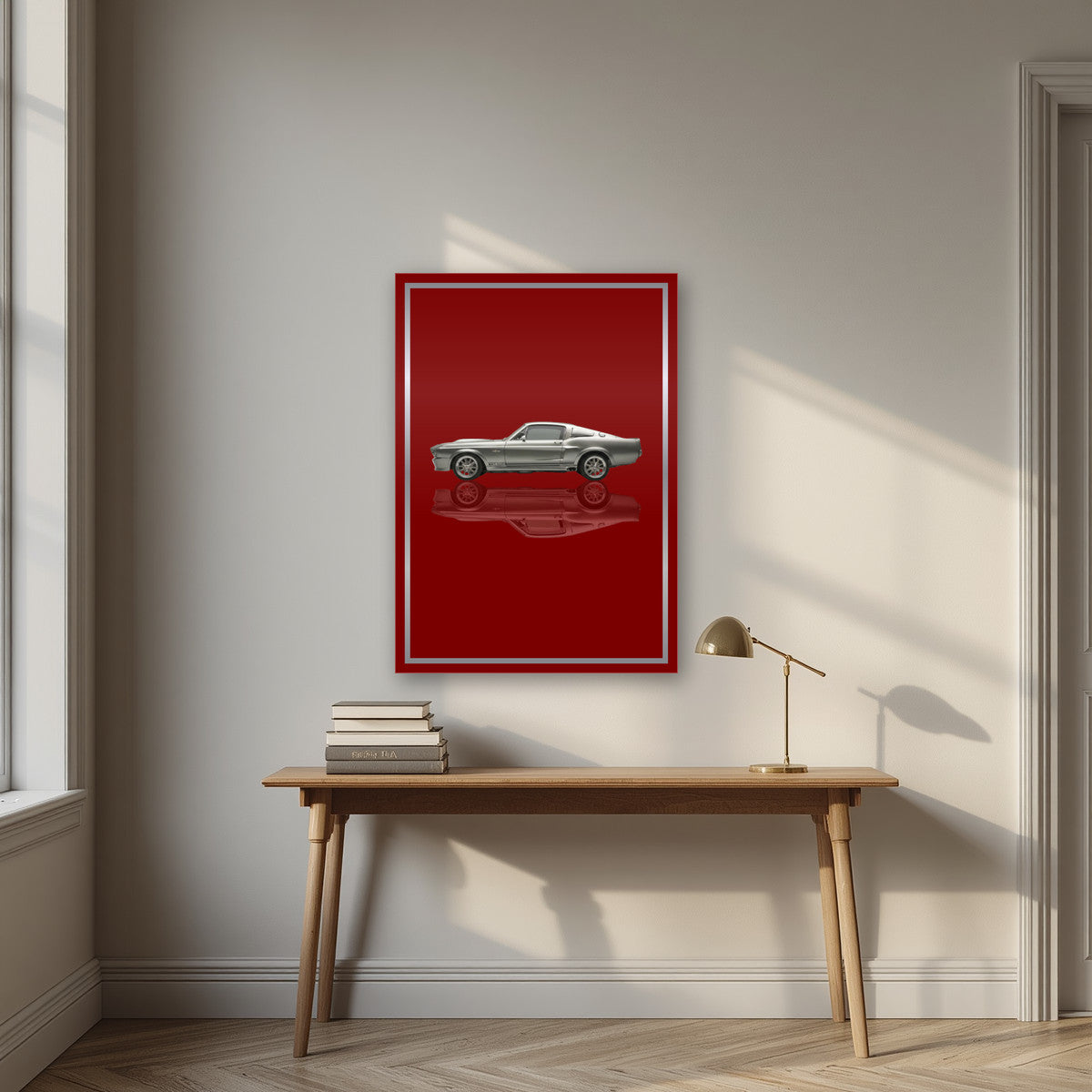 Eleanor – Deep Crimson art print, as an acrylic print, styled in a desk
