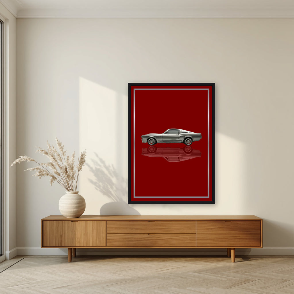 Eleanor – Deep Crimson art print, in a black frame, styled in a living room