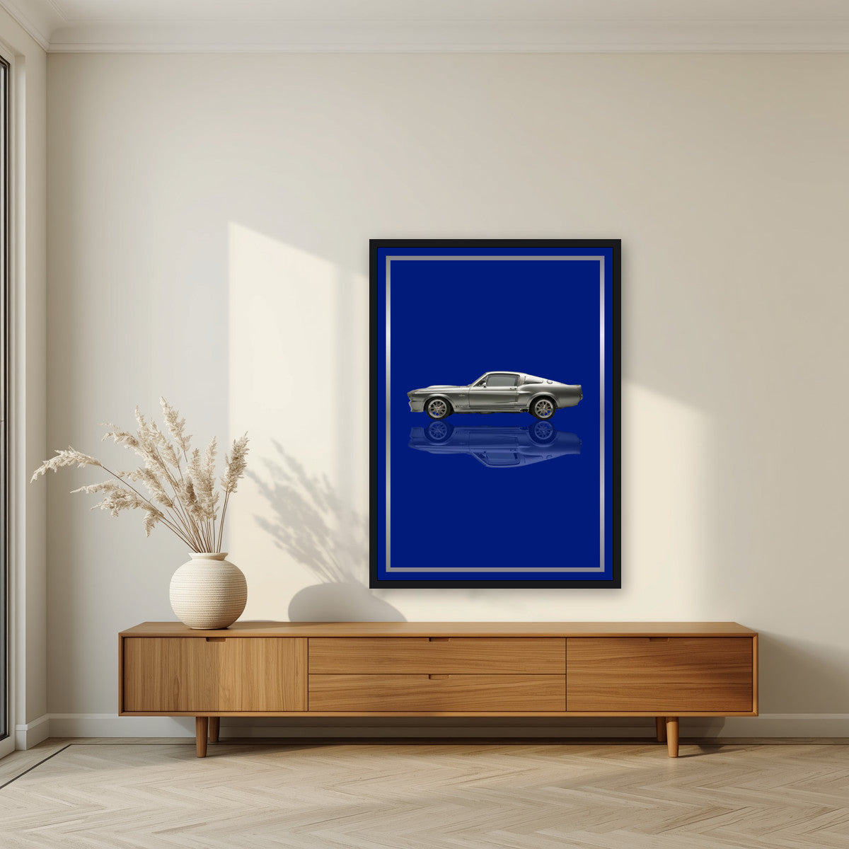 Eleanor – Getaway Blue art print, in a black frame, styled in a living room