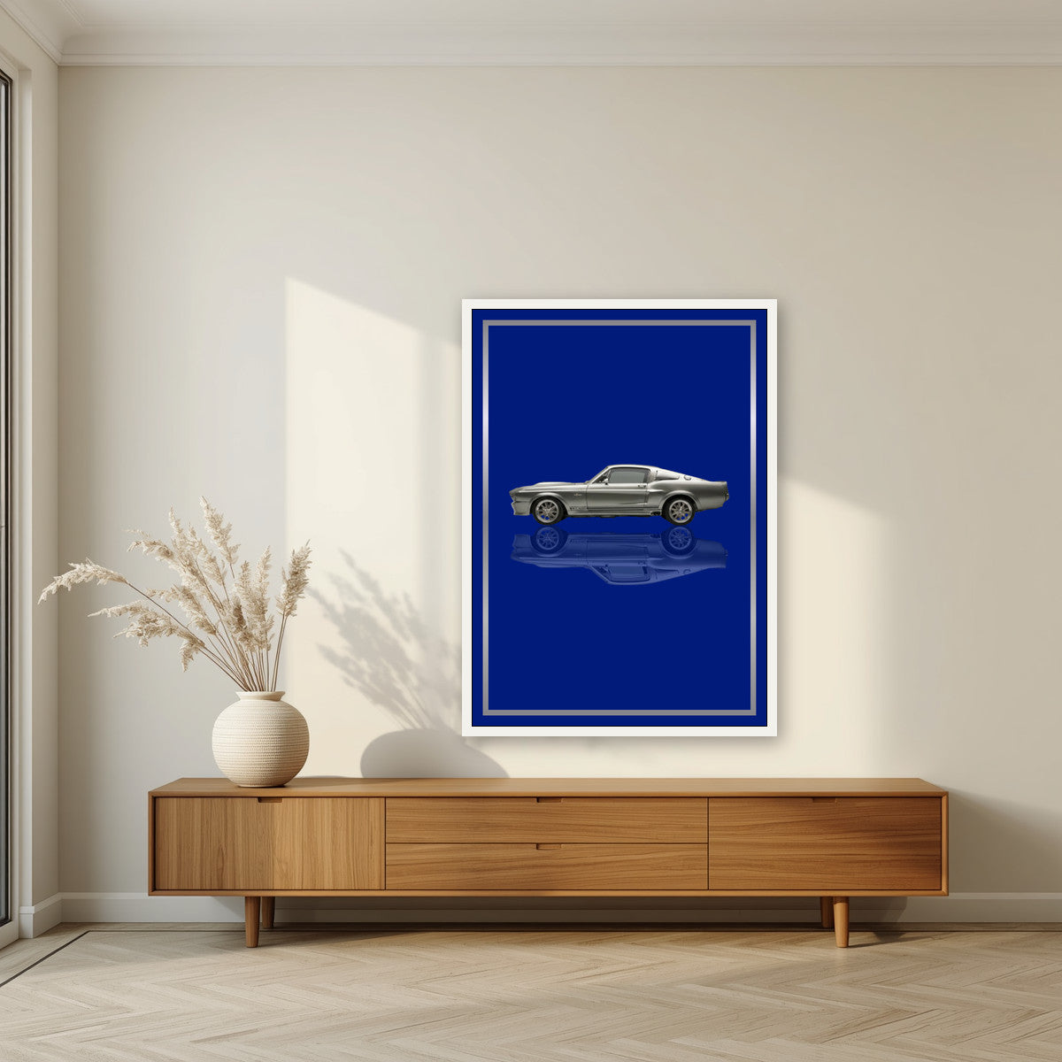 Eleanor – Getaway Blue art print, in a white frame, styled in a living room