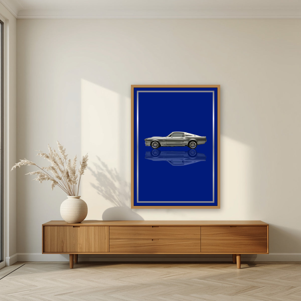 Eleanor – Getaway Blue art print, in an oak frame, styled in a living room