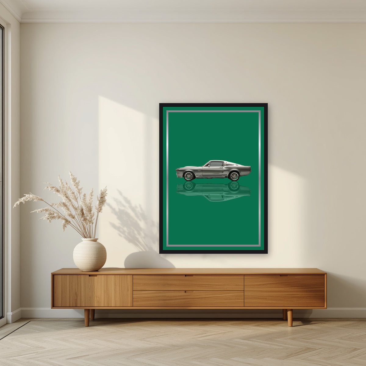 Eleanor – Racing Green art print, in a black frame, styled in a living room
