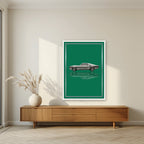 Eleanor – Racing Green art print, in a white frame, styled in a living room