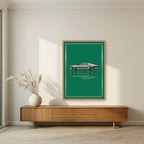 Eleanor – Racing Green art print, in an oak frame, styled in a living room